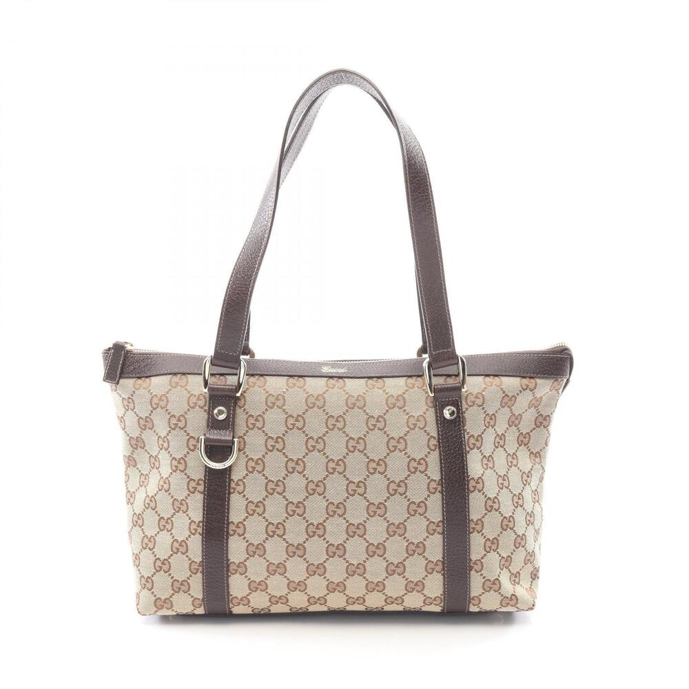 Gucci Abbey GG Canvas Tote Bag Leather Beige Cream Brown